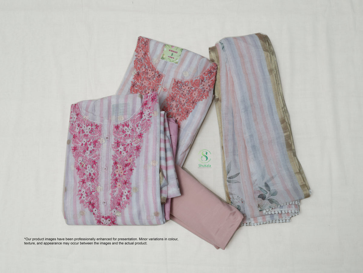 Pastel Pink and Peach With Duo Stripes of Dusty White Manipuri Cotton Set