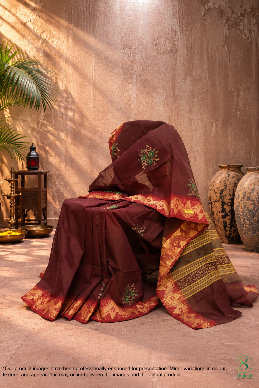 Deep Burgundy Embroidered Velvet-Trim Saree