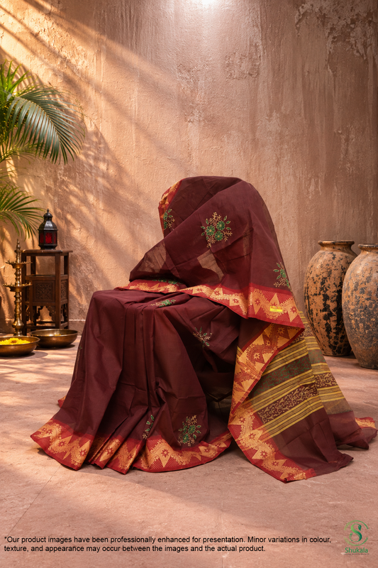 Deep Burgundy Embroidered Velvet-Trim Saree
