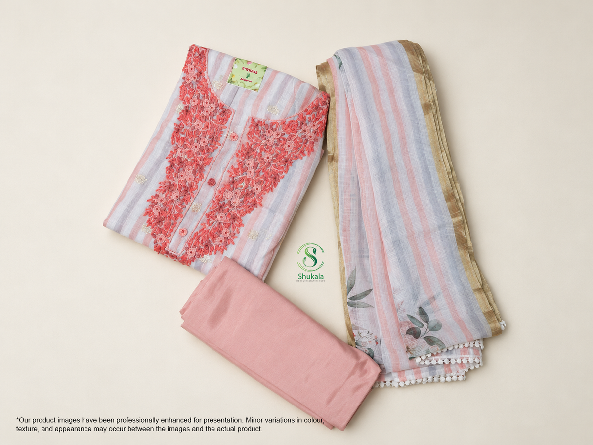 Pastel Pink and Peach With Duo Stripes of Dusty White Manipuri Cotton Set