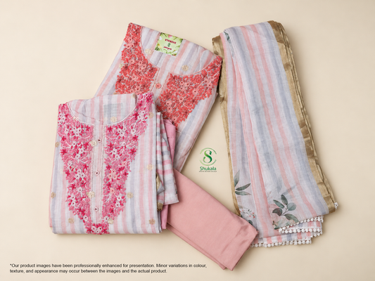 Pastel Pink and Peach With Duo Stripes of Dusty White Manipuri Cotton Set