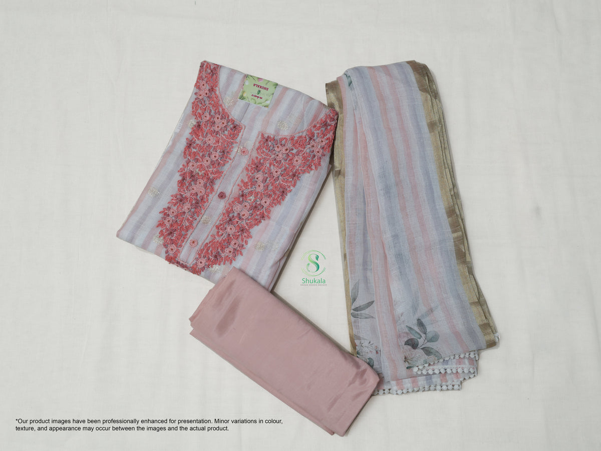 Pastel Pink and Peach With Duo Stripes of Dusty White Manipuri Cotton Set