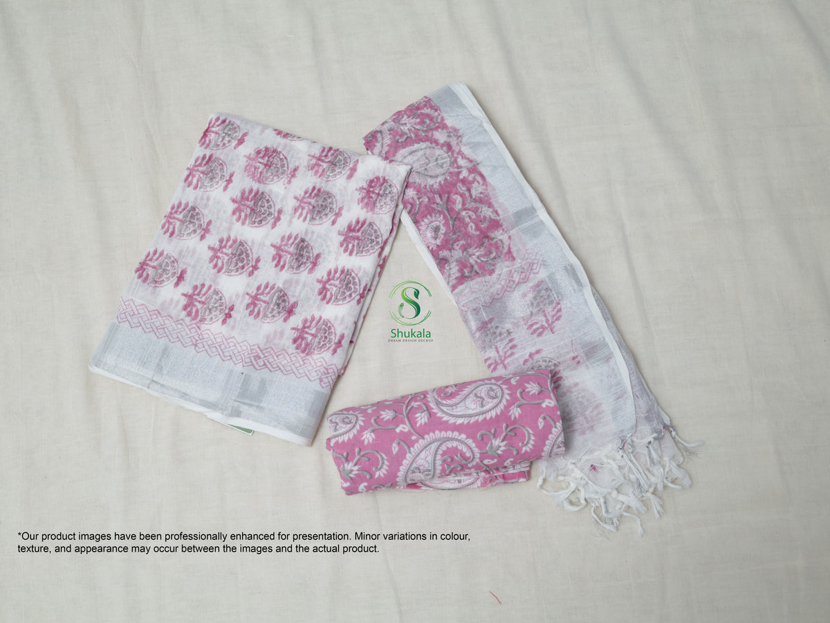 Pink Blossoms Over White Linen Cotton Suit