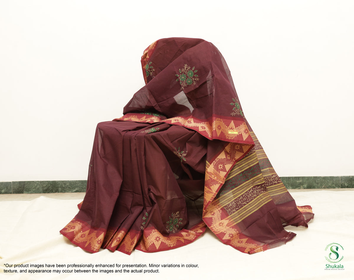 Deep Burgundy Embroidered Velvet-Trim Saree