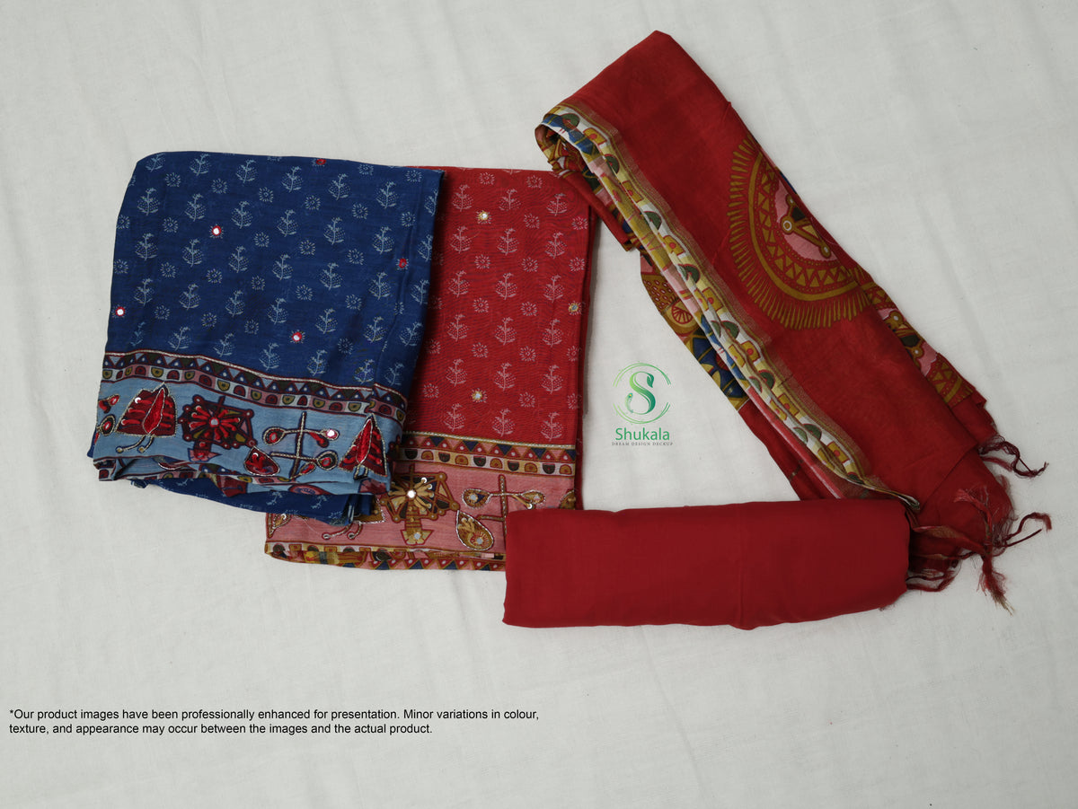 Maroon and Royal blue Chanderi silk suit