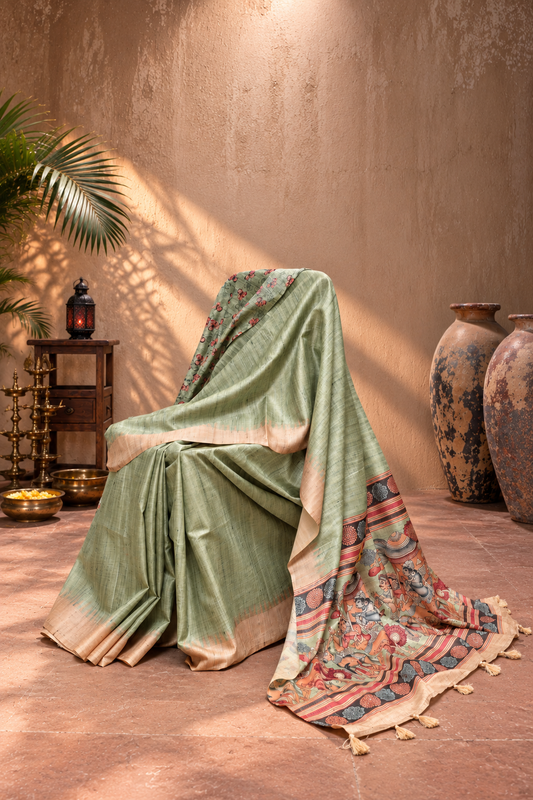 Sage Green Semi Tussar Saree