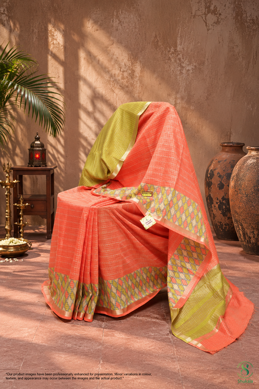 Soft Silk Fancy Peach withl Liril Green Saree